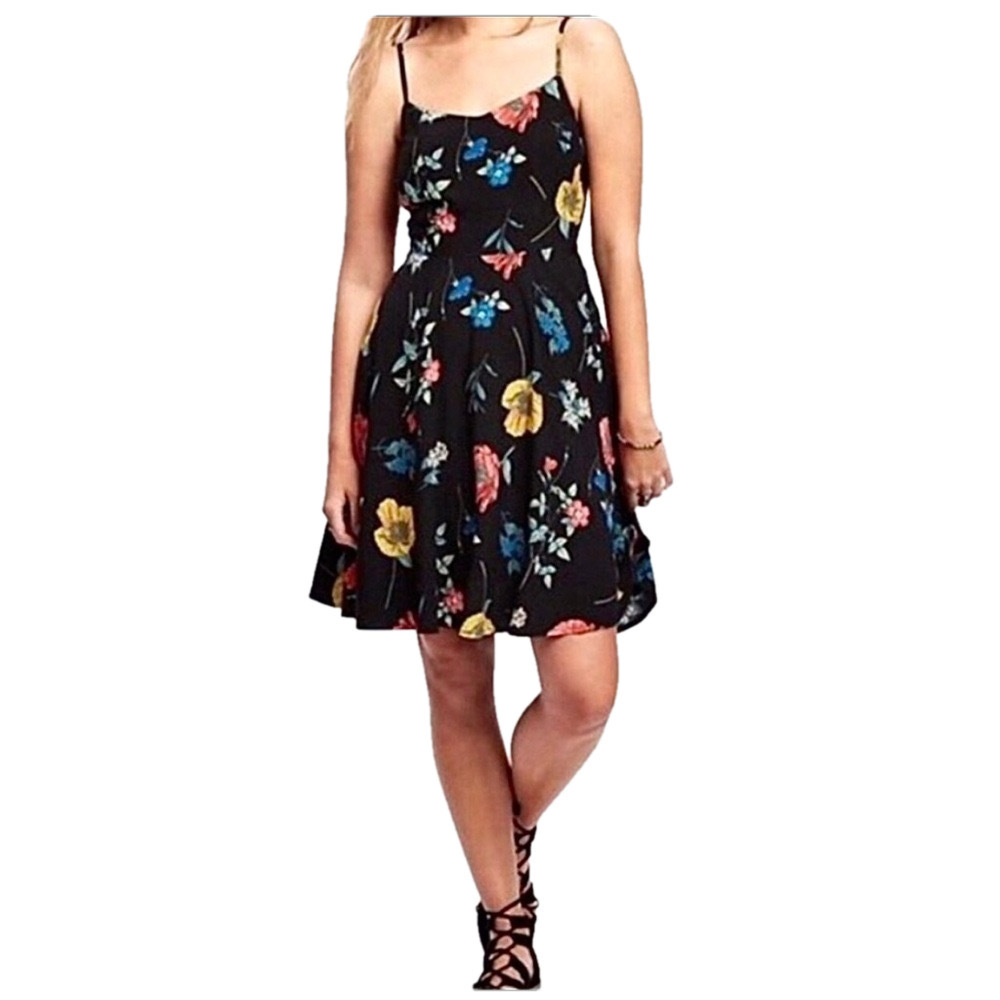 Old Navy Floral Skater Mini Dress Black Smocked Cami Medium - Picture 2 of 10